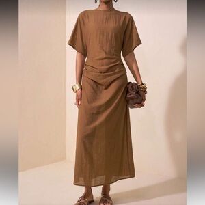 Tan brownRuched short sleeve midi dress